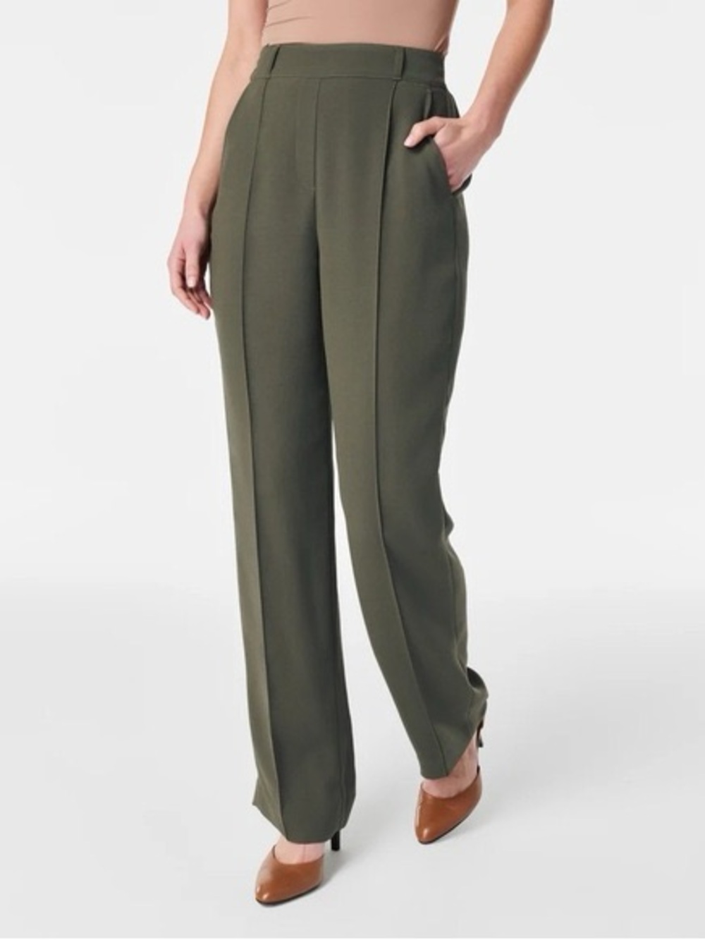 NWT Spanx crepe straight leg trouser in midnight olive